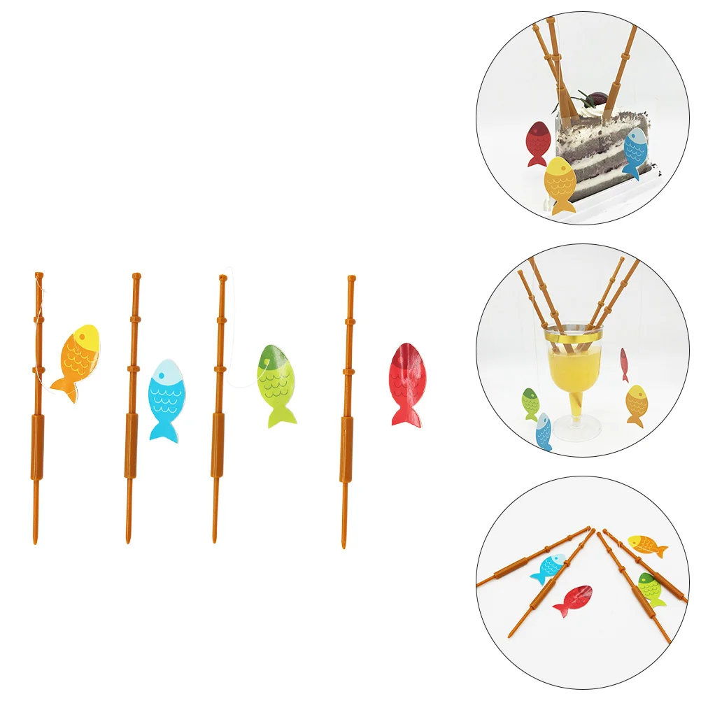 

8 Pcs Garnish Sticks Fishing Rod Cake Insert Birthday Cupcake Decoration Party Toppers Child Paper Cups