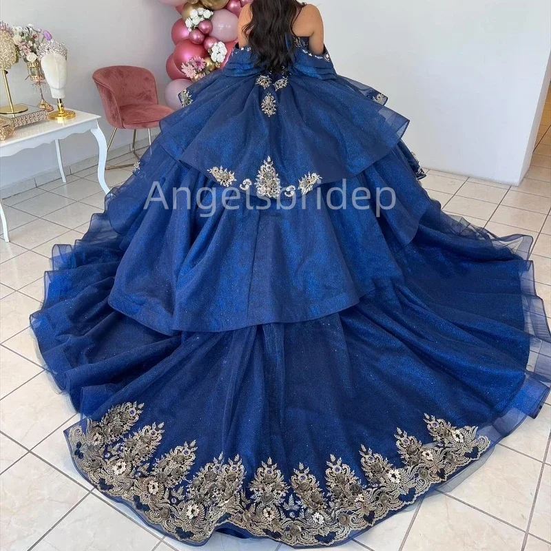 Angelsbridep, синее атласное и Тюлевое бальное платье, платья для Quinceanera, платья 15, вечернее платье принцессы с аппликацией