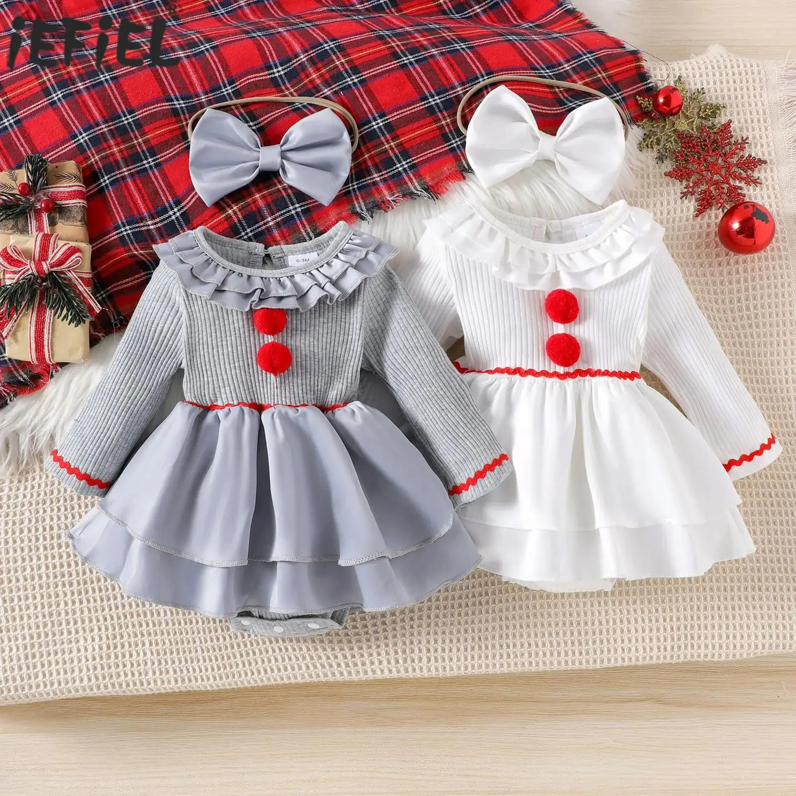 Baby Girls Halloween Creepy Clown Cosplay Costume Long Sleeve Layered Ruffled Gray Joker Dress Rompers Carnival Party Outfit