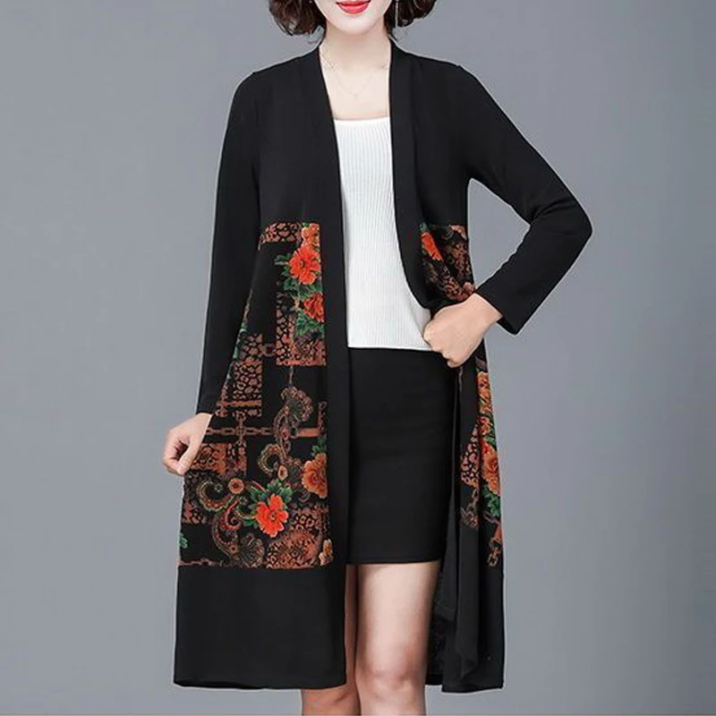 New Women Clothing Spring Autumn Elegant Fashion Floral Print Patchwork Mid Length Coat V Neck Long Sleeve Loose Cardigan Jacket