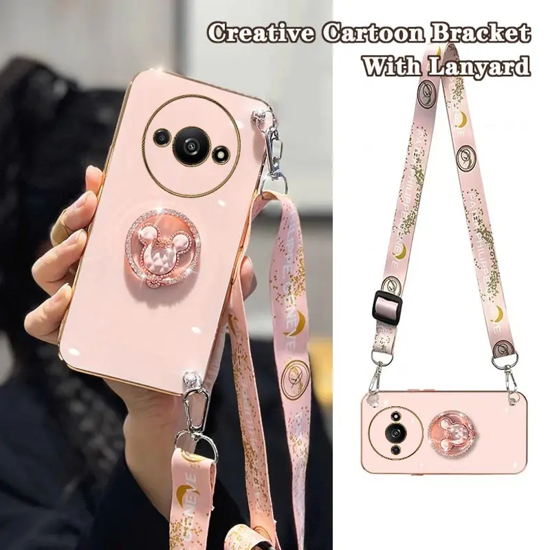 A3 Delicate Cartoon Holder Lanyard Plating Phone Case For Xiaomi Redmi A3 Shatterproof Camera Protection RedmiA3 Soft Back Cover