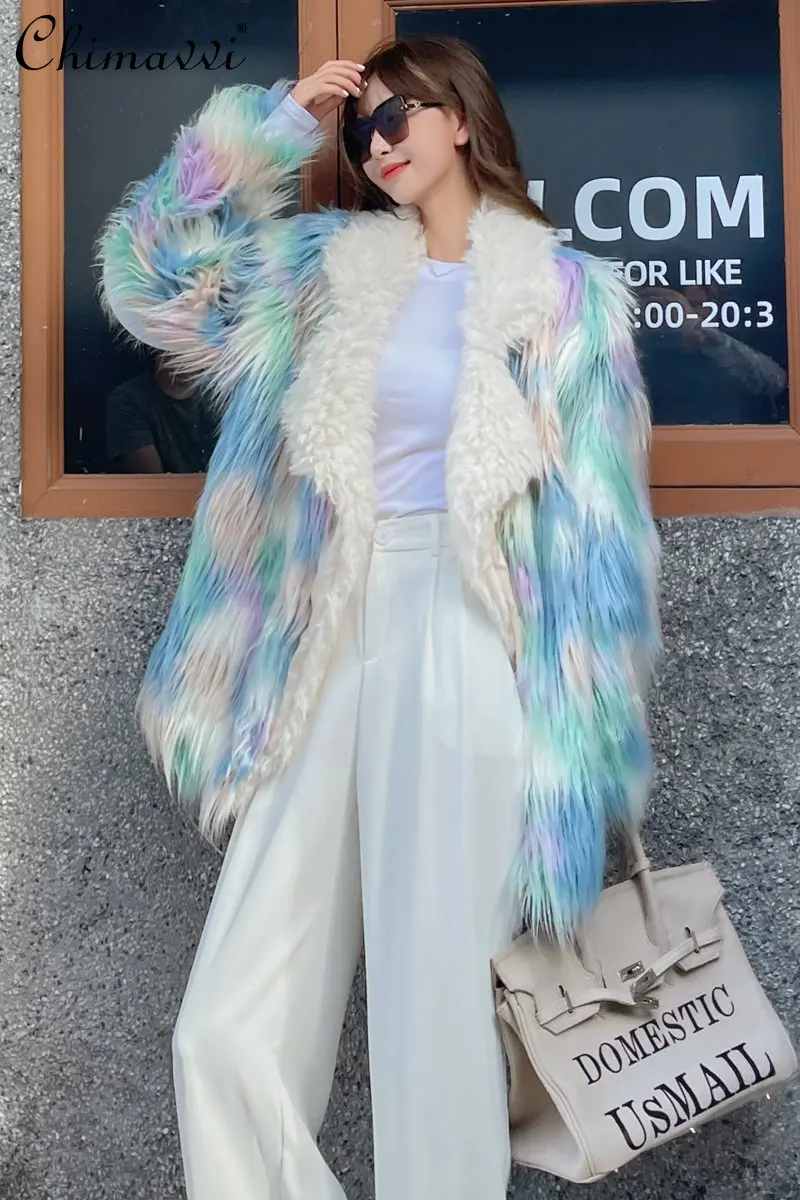 

2022 Winter Thickened Women's Fashion Elegant Fur Mid-Length Jacket Ladies Streetwear Trend Suit Lapel Ice Cream Blue Furry Coat