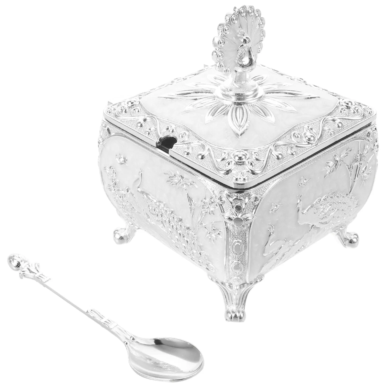 Peacock Sugar Bowl Sugar Container with Lid Spoon Vintage Matte Embossed Decorative Kitchen Canister Coffee Bar Condiment Jar