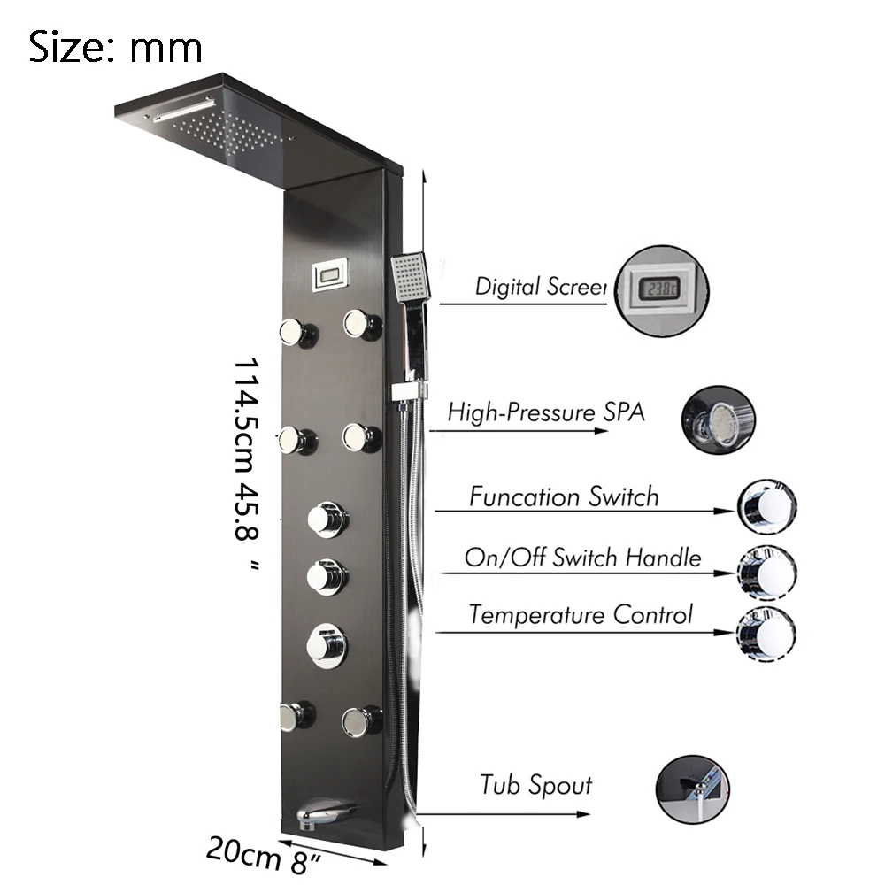 Black Shower Panel Tower System Stainless Steel with Rainfall Shower Head Massage Jets Handheld Sprayer Column Tap
