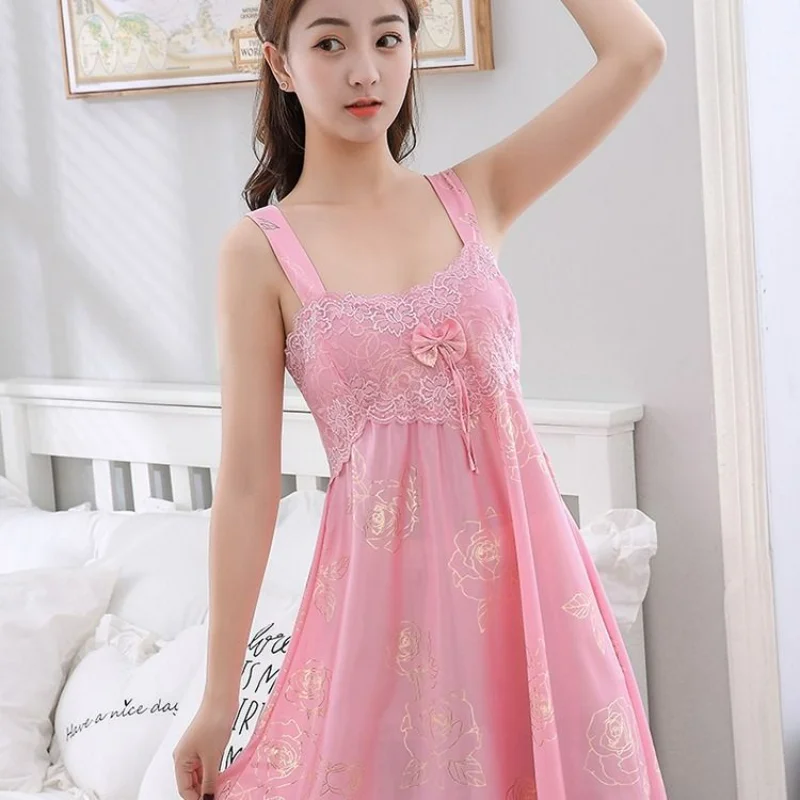 Sexy Women New Large Size Lace Sleeveless Halter Nightdress Dress Comfortable Imitate Silk Nightdress Home Wear Female