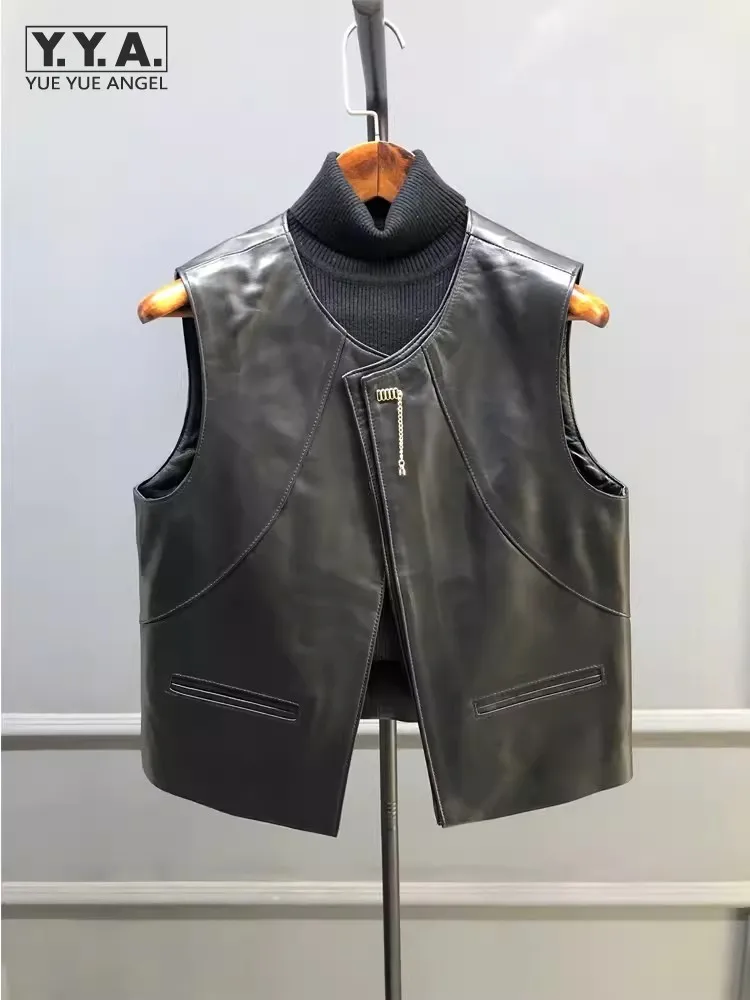 Moda damska kamizelka z prawdziwej skóry kardigan z okrągłym dekoltem kamizelka czarna Casual Design główna ulica kobieta owcza kurtka bez rękawów