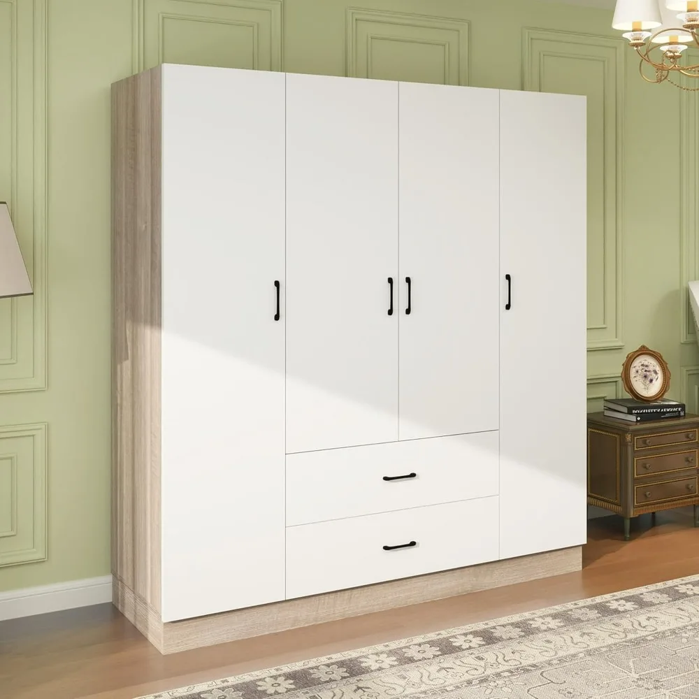 4-Doors Armoire Wardrobe Closet with Drawers & Mirror, Armoires with Shelves and Hanging Rod for Bedroom, Freestanding Wardrobe