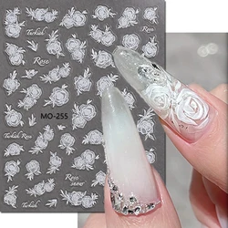5d Embossed Nail Art Stickers Semi-Transparent White Roses Flowers Adhesive Sliders Decals Decorations For Nail Tips Manicures