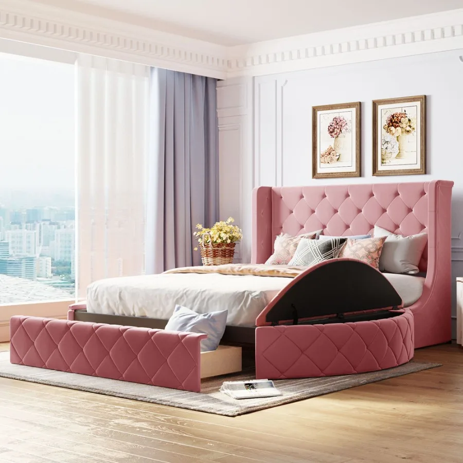 

Upholstered Platform Bed Queen Size Storage Velvet Bed with Wingback board and 1 Big Drawer 2 Side Storage Stool Pink
