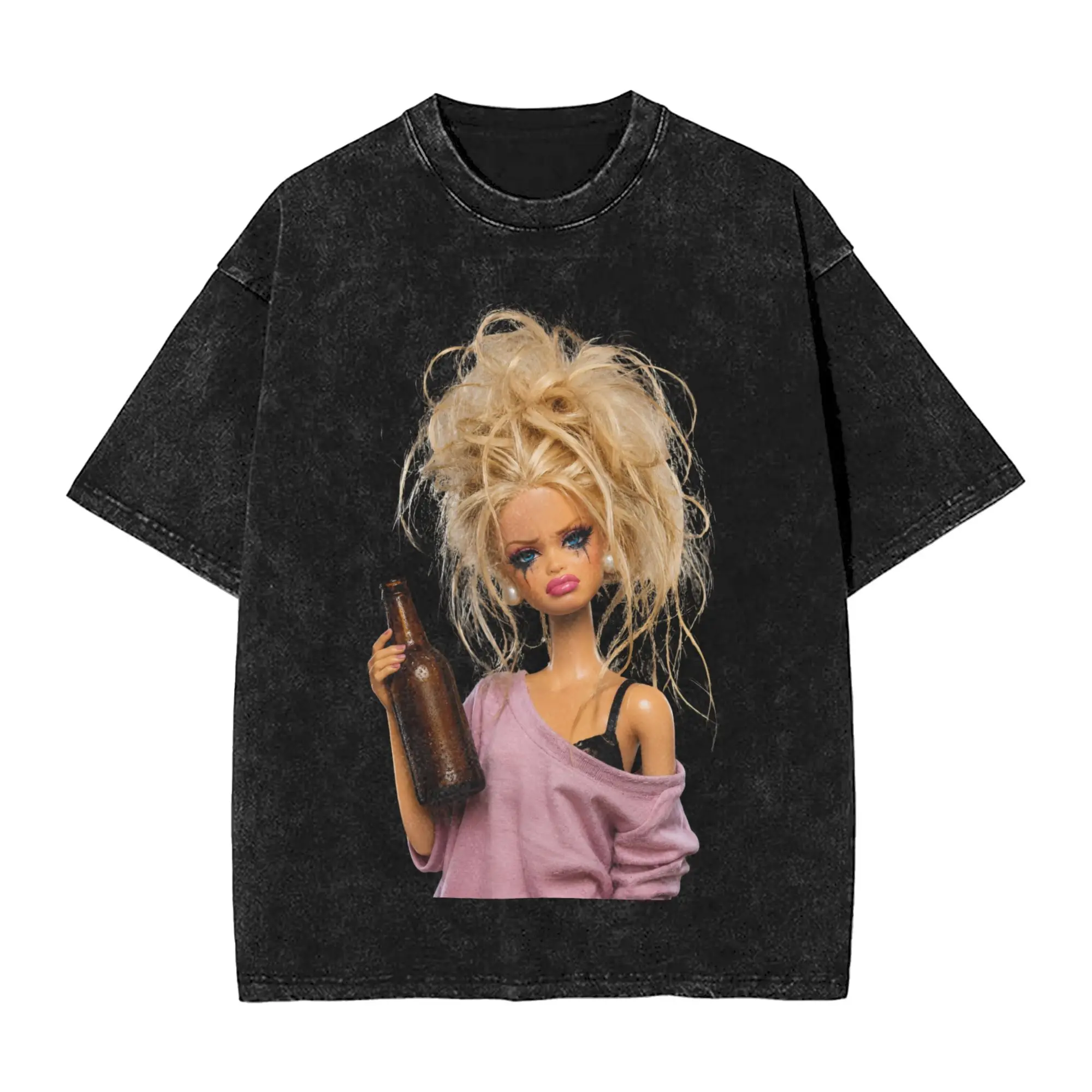 Blonde Doll Disheveled Doll Washed T Shirts Streetwear Hip Hop Novelty T-Shirts  Tees Tops for Men Women Short Sleeve