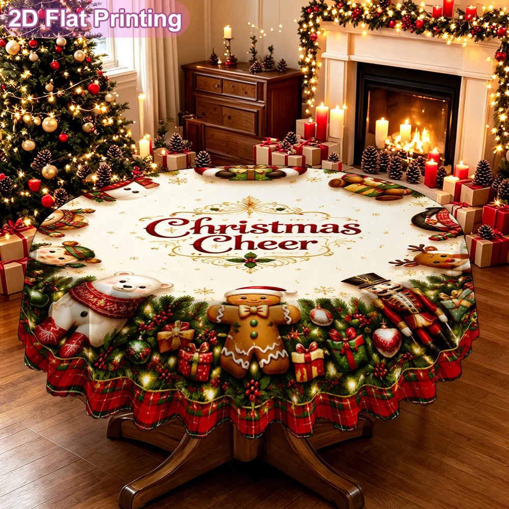 Festive Christmas Merry Santa Buddy Round Pattern Printed Tablecloth for Thanksgiving Table Setting