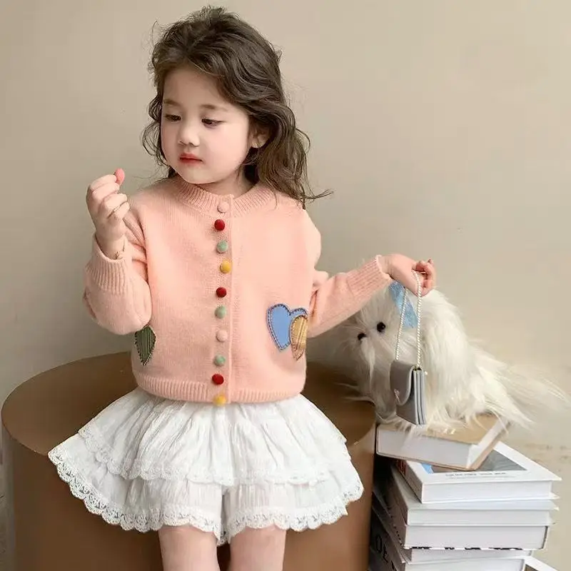 

Girls Colour Buttons Love Jumper Cardigan Children's Spring Autumn Clothing Foreign-style Baby Girl Knit Sweater Jacket Tide