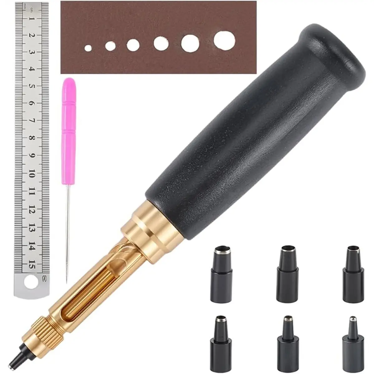 PROMOTION! Punch Handle Belt Hole Puncher Adjustable Automatic Punching Tool with 6 Tips Size or Leather Belt Bag Wristband