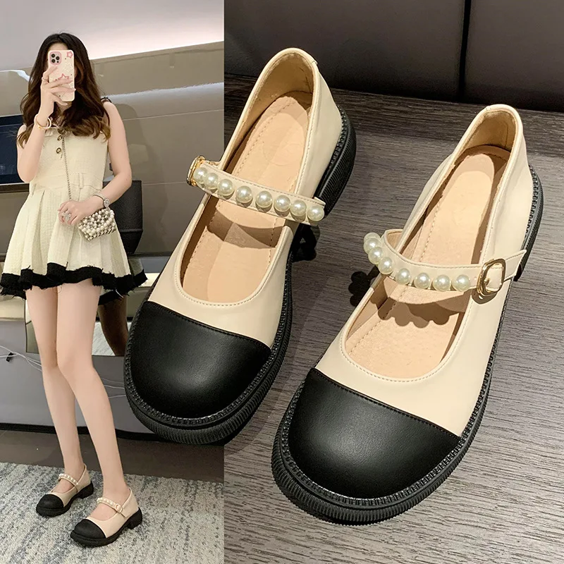 2023 Spring  Autumn New Round Toe Leather Pacthwork Pearl Buckle Shallow Mouth Comfortable Med Heel Shoe Women Pumps