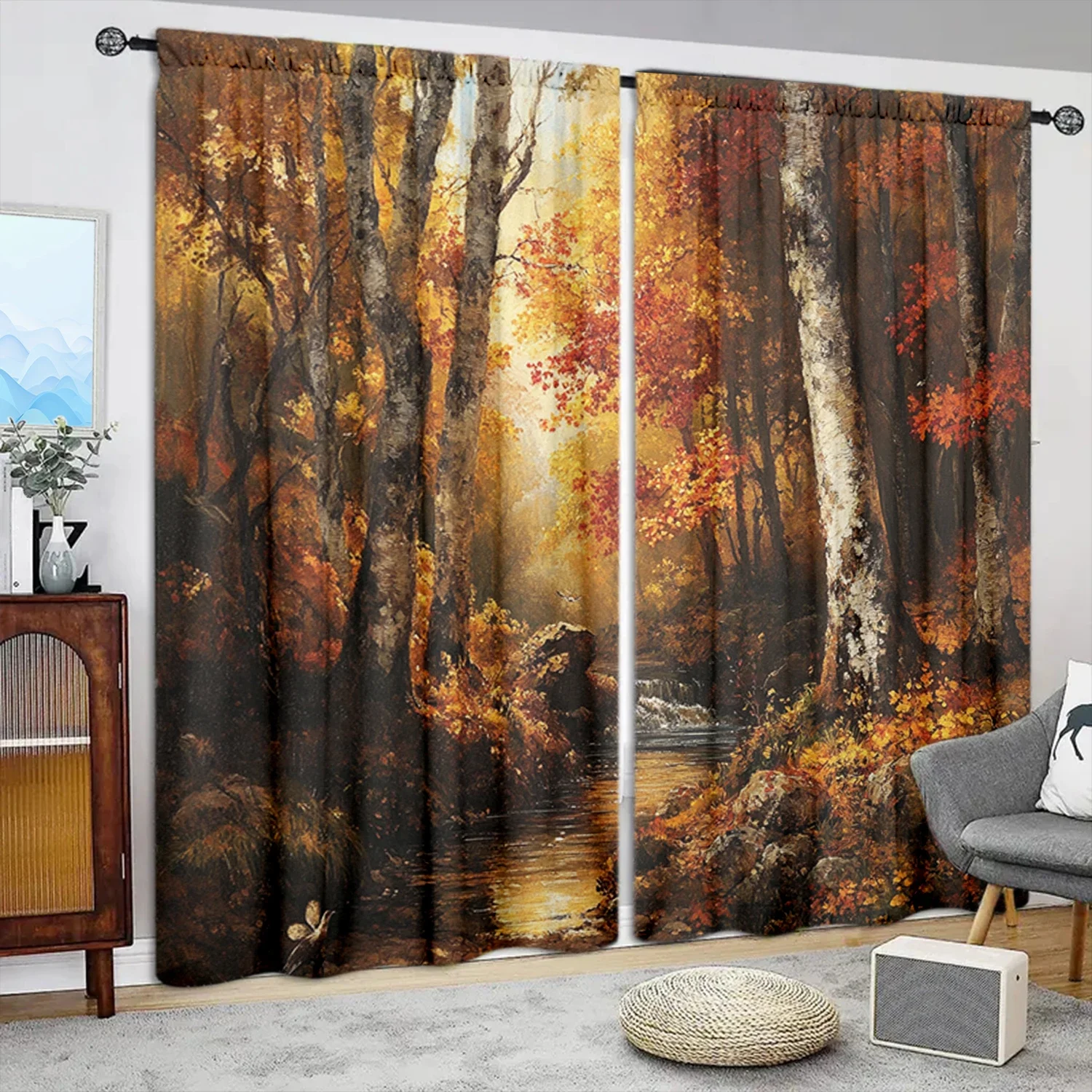 2pcs Birch Forest Oil Painting Printed Curtain for Home Decor - Rod Pocket Window Treatment for Bedroom, Office, Kitchen