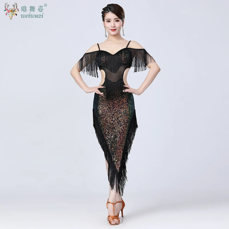 

Линейный танцевальный костюм для выступлений без рукавов Samba, черная тренировочная одежда, платье для латинских танцев, конкурсные танцы, блестки, кисточки, серебристый, зеленый