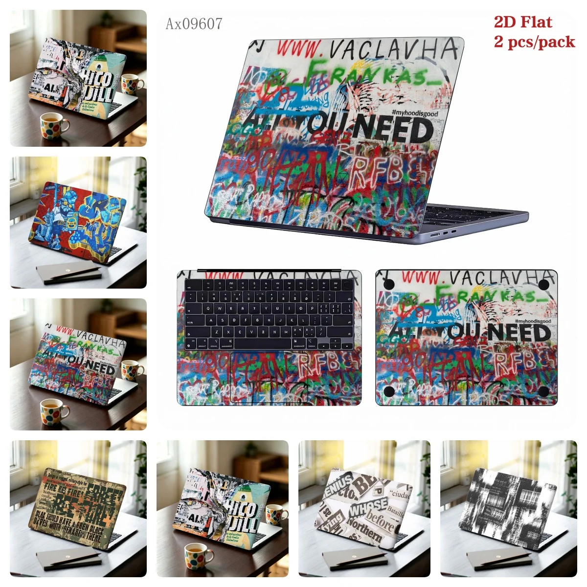 2Pcs Street Text Graffiti Laptop Skin Sticker, Anti‑Scratch Waterproof Urban Collage Art Decal Set Decor for 13‑17 Inch Notebook