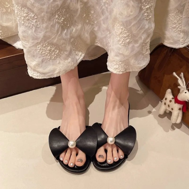 

2025 Summer Designer Dress Slides Beach Shoes Women Bow Flat Slippers Women's Shoes Open Toe Flat Slippers for Women Plus Siz 40