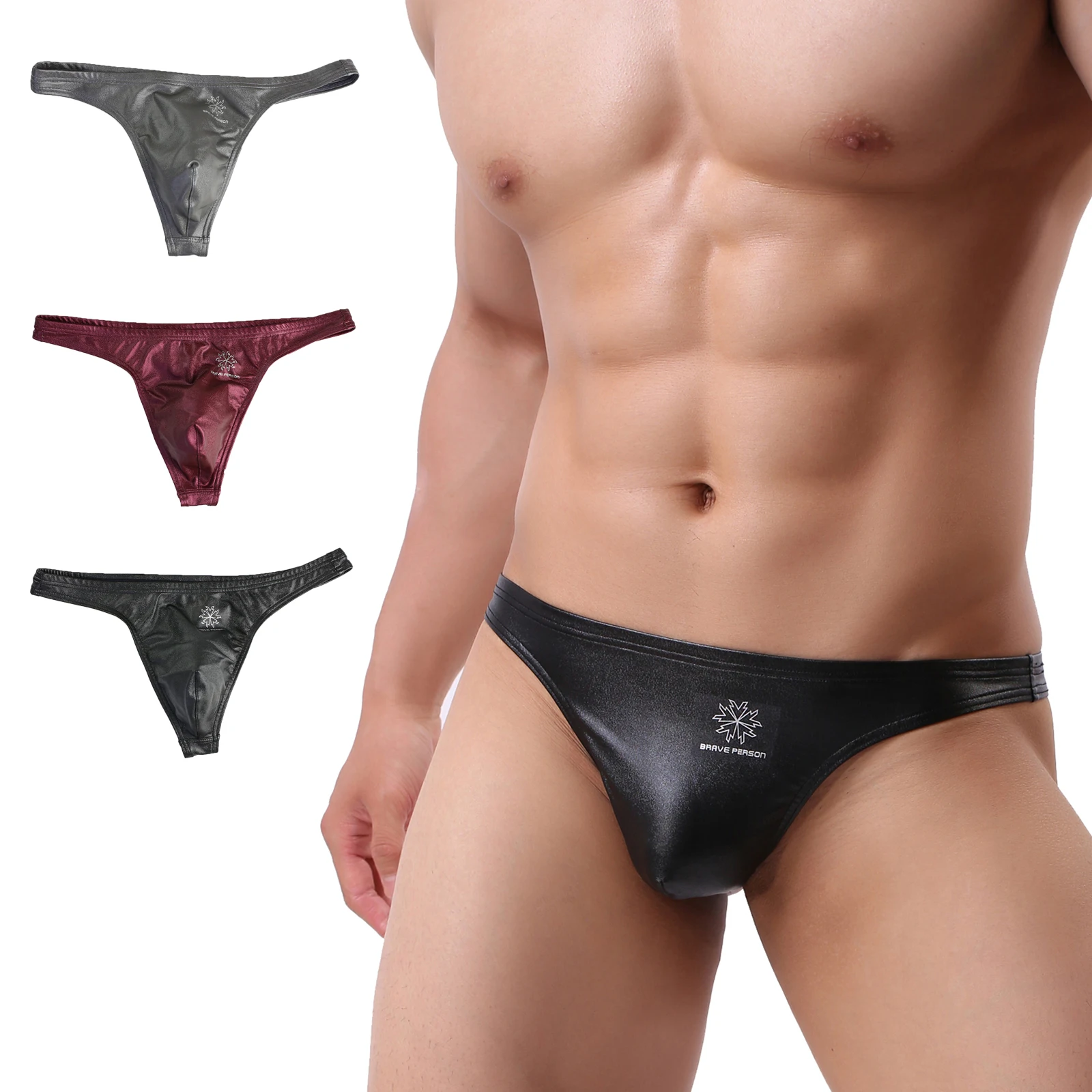 3 pçs sexy briefs de couro do falso do plutônio underwear cintura baixa wetlook t voltar cuecas corneta pênis bolsa tangas u convexo biquíni