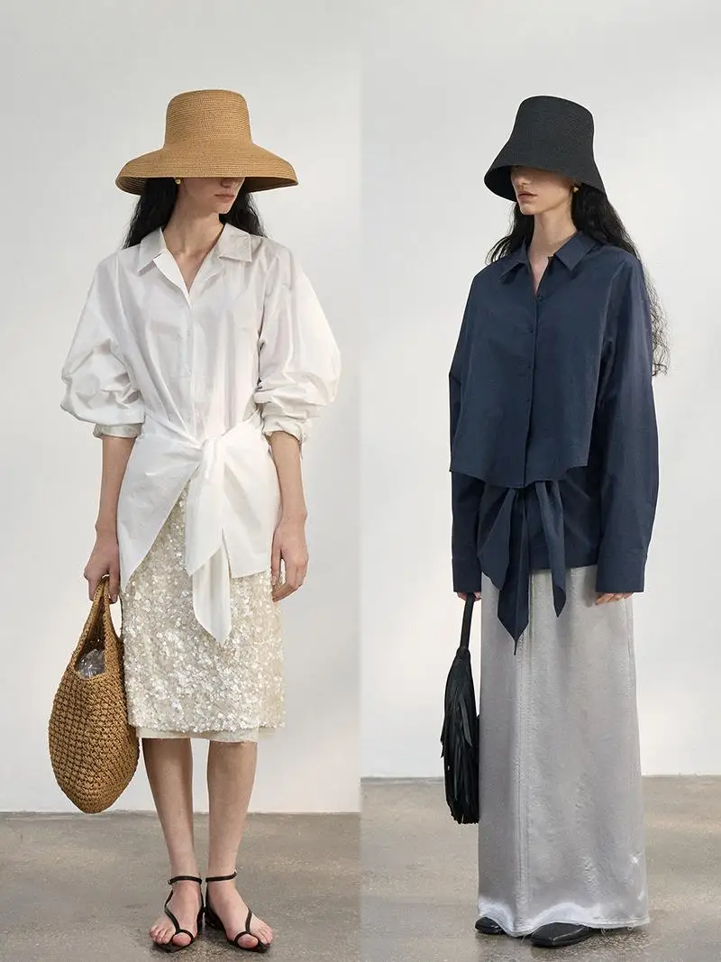 

Женская повседневная модная блузка с эффектом похудения, кубинским воротником, из чистого хлопка, с поясом и завязками на талии, дизайн TINNTINN