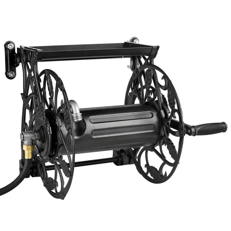 Wall Mounted Garden Hose Reel, Holds 135 Feet of 5/8-inch Hose, Outdoor Heavy-Duty Waterhose Holder Winder, with Widened Top Tray, Aluminum Alloy Connector, Decorative Pattern, for Backyards