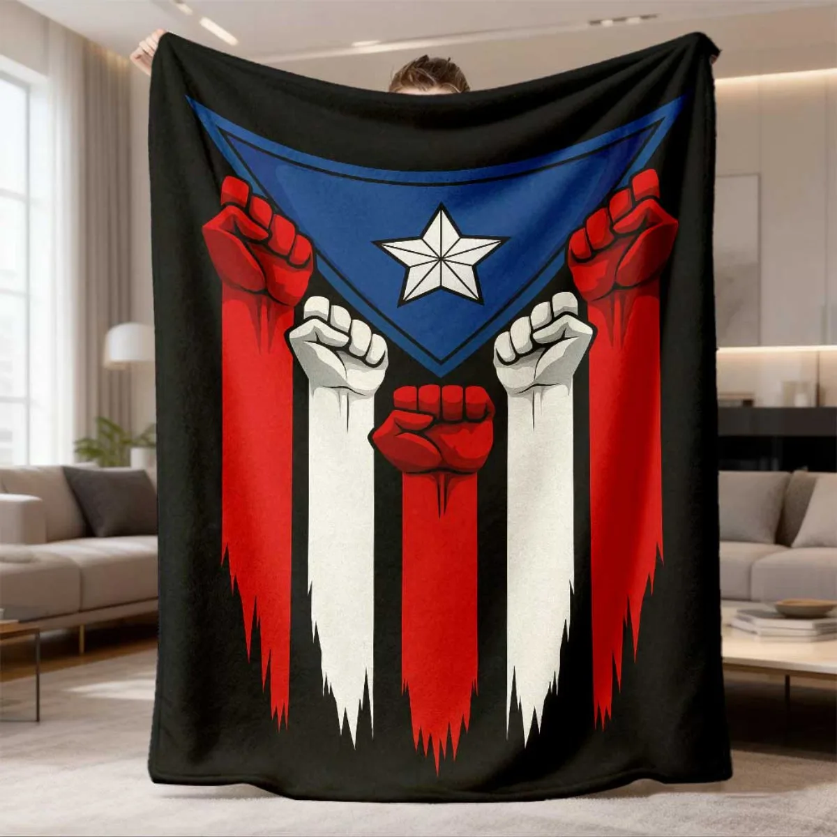 Puerto Rico Flag Fist Flannel Blanket Soft Cozy Throw Blanket Raised Fist Boricua Print Bed Sofa Cover Home Decor Patriotic Gift