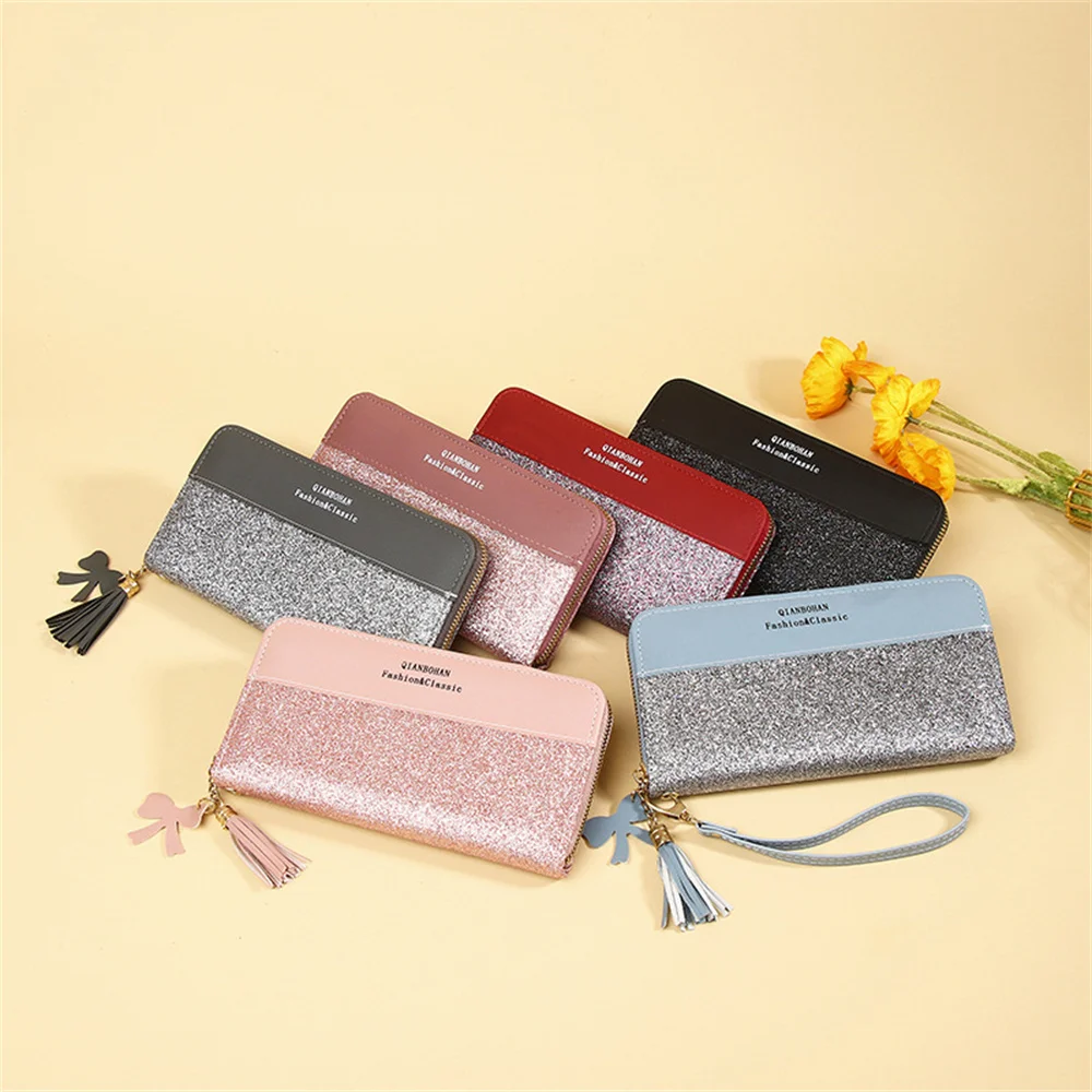 

Women's Wallet Glitter Long Tassel Zipper Splicing Contrast Color Versatile Card Holder Mobile Phone Purse Large Capacity Clutch