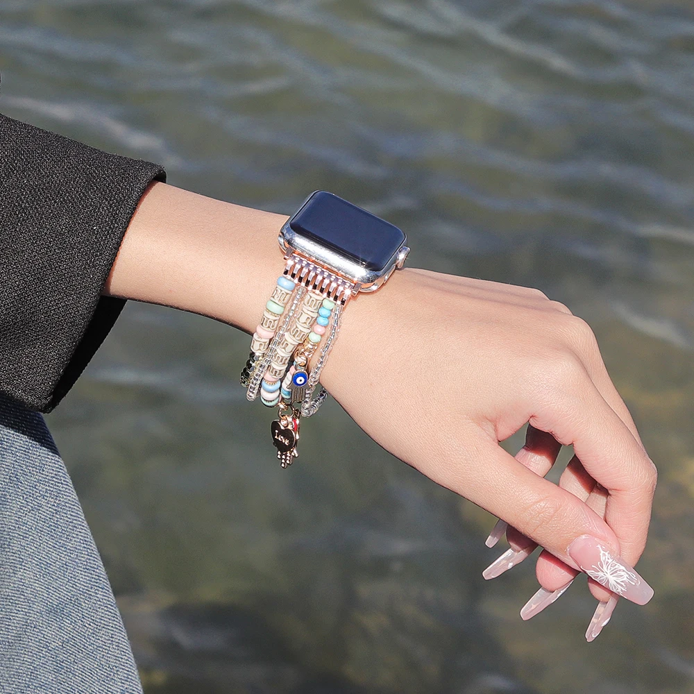 สายรัดข้อมือสำหรับ Apple Watch ขนาด 49 มม. Ultra 2 40 มม. 38 มม. 41 มม. สายรัดแบบยืดหยุ่นประดับลูกปัดสำหรับ iWatch Series 9 8 7 6 5 4 3 SE