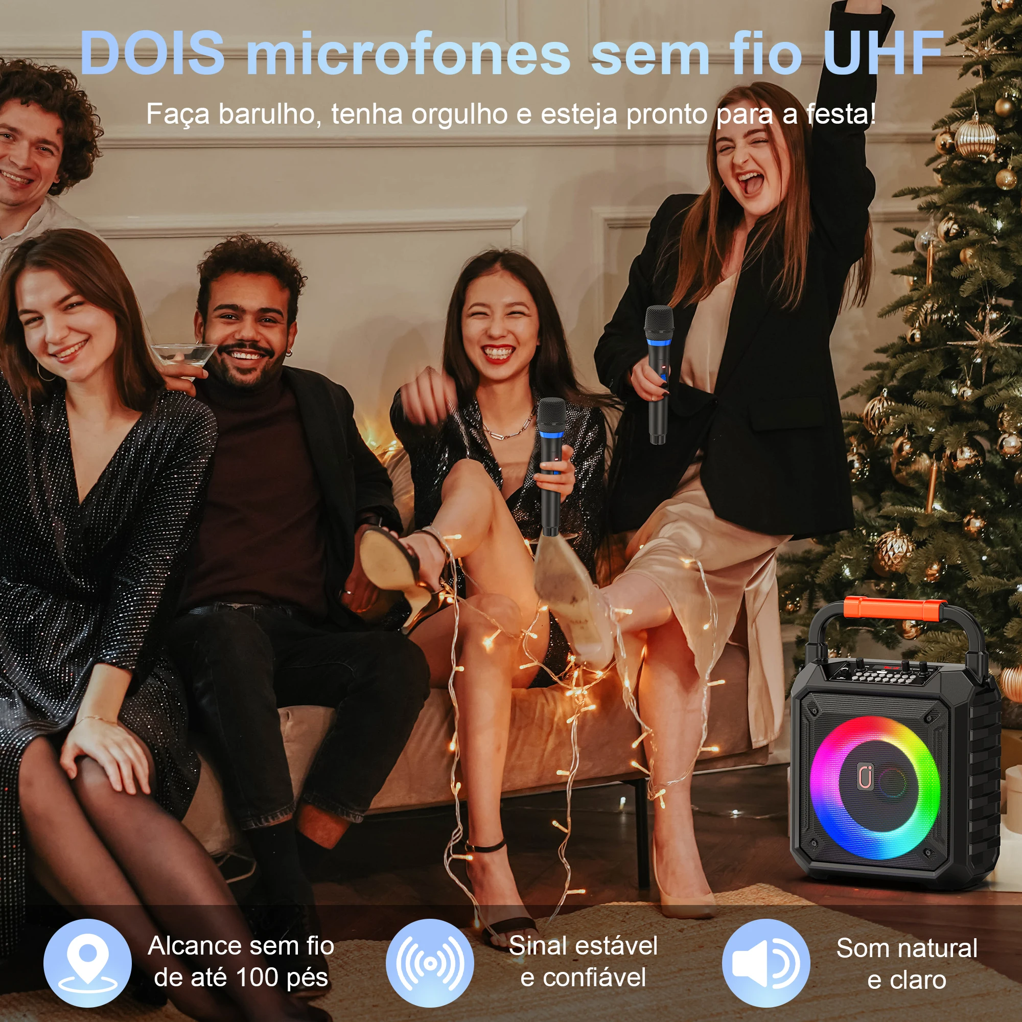 FanFun Wireless Outdoor Speaker, Portable Speaker with Microphone, Colorful DJ Light, Dual Microphone Jacks, TF Card Compatible