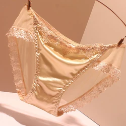 Cuecas sedosas de cetim Traceless para mulheres, calcinha leve de renda, roupa interior macia respirável, tangas elegantes, cueca diária