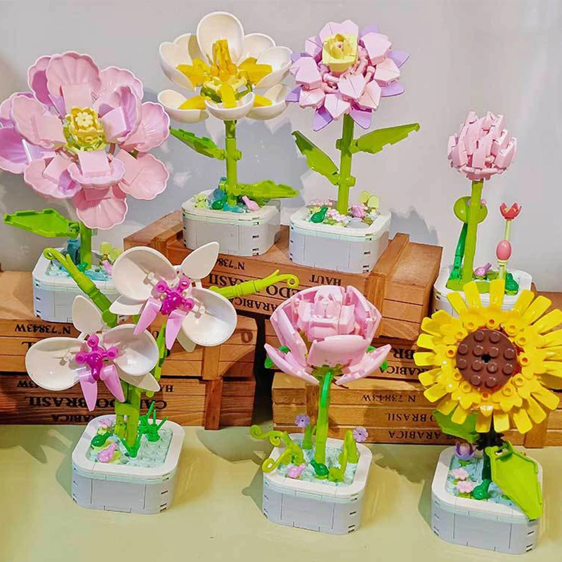 60pcs assembled block flower toys for parent-child interaction simulation bouquet DIY children\'s birthday and holiday gifts