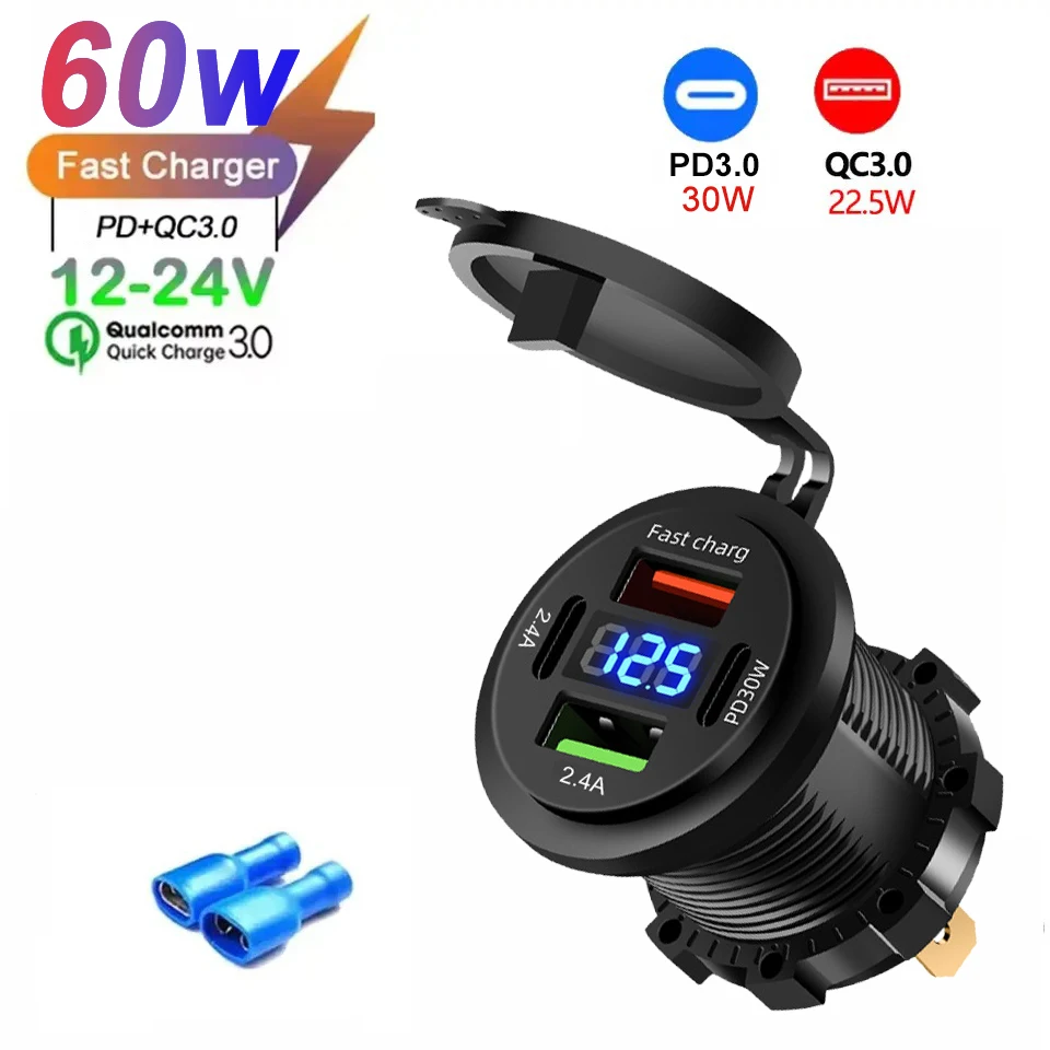 Autolader Socket Dual Type-C & Dual USB 4 Poorten Snel Opladen Socket Waterdicht met Voltmeter 12 V/24 V Voor Auto Boot Motor