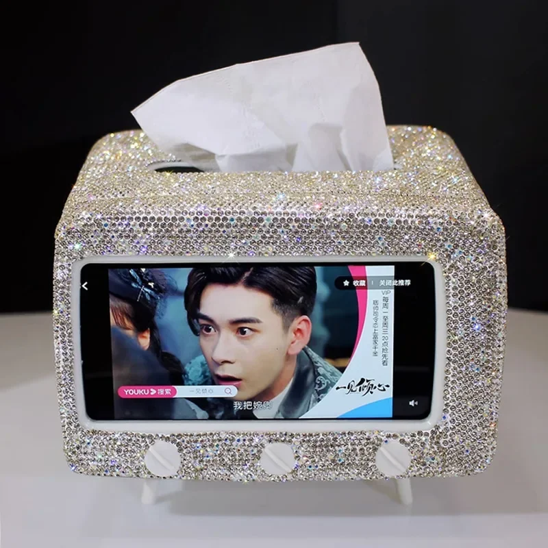 Luxury Diamond Tissue Box Phone Holder Dual-purpose Small TV Style Bling Home Desk Decor Tissue Storage Box Napkins Holder Gifts