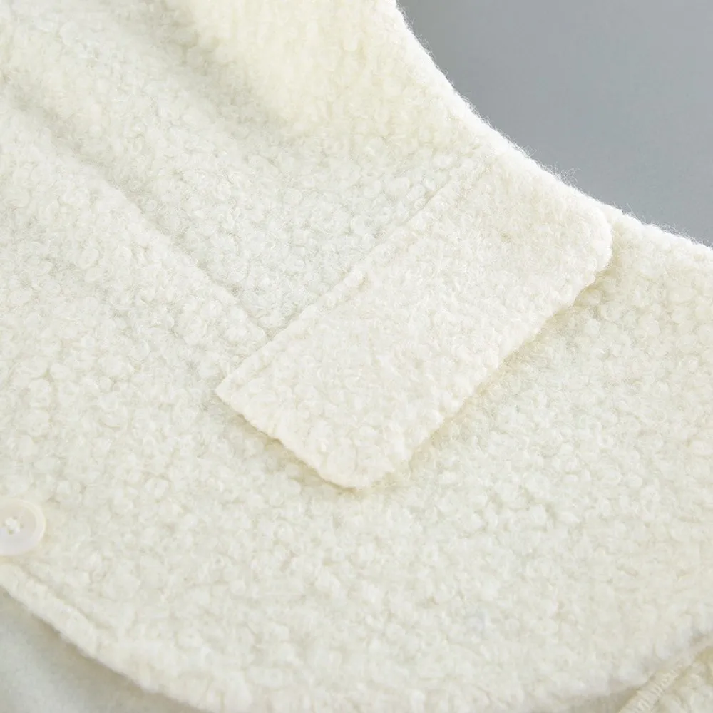 Modische, schicke, lockere Wolljacke mit Baumwollfutter, Tweedstoff, kurzer Mantel, lässige Luxusjacke mit Knopfleiste und Raffung – Detail 9