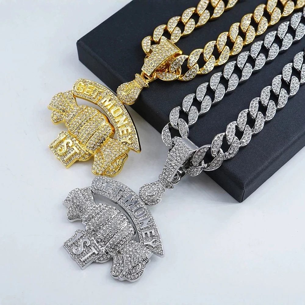 New Hip Hop Style Letter GET MONEY & Money Bag Pendant Necklace with 15MM Cuban Chain Men Candy Necklaces Rapper Hip Hop Jewelry