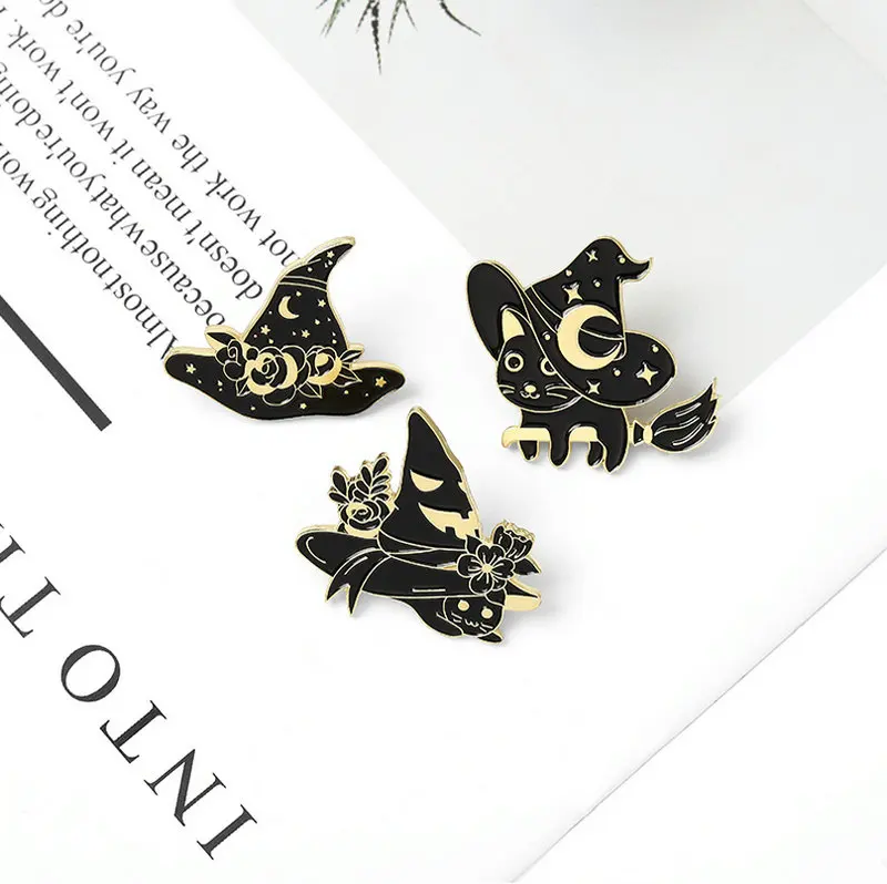 Witch Cats Enamel Pin Custom Starry Wizard Hat Brooch Bag Clothes Lapel Pin Black Gothic Badge Witchcraft Jewelry Gift Friends