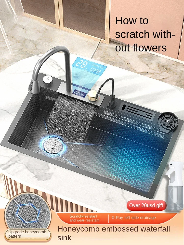 

Digital Flying Rain Waterfall Flume Honeycomb large single slot 304 stainless Steel Nano vegetable washing Basin Kitchen sink