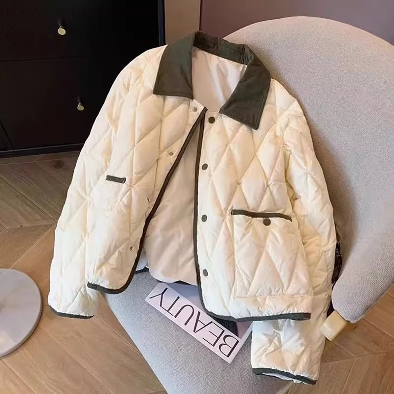 Veste légère en coton pour femme, manteau matelassé court ample à grille de diamant, vêtement d'extérieur à revers simple boutonnage, automne-hiver, W1570