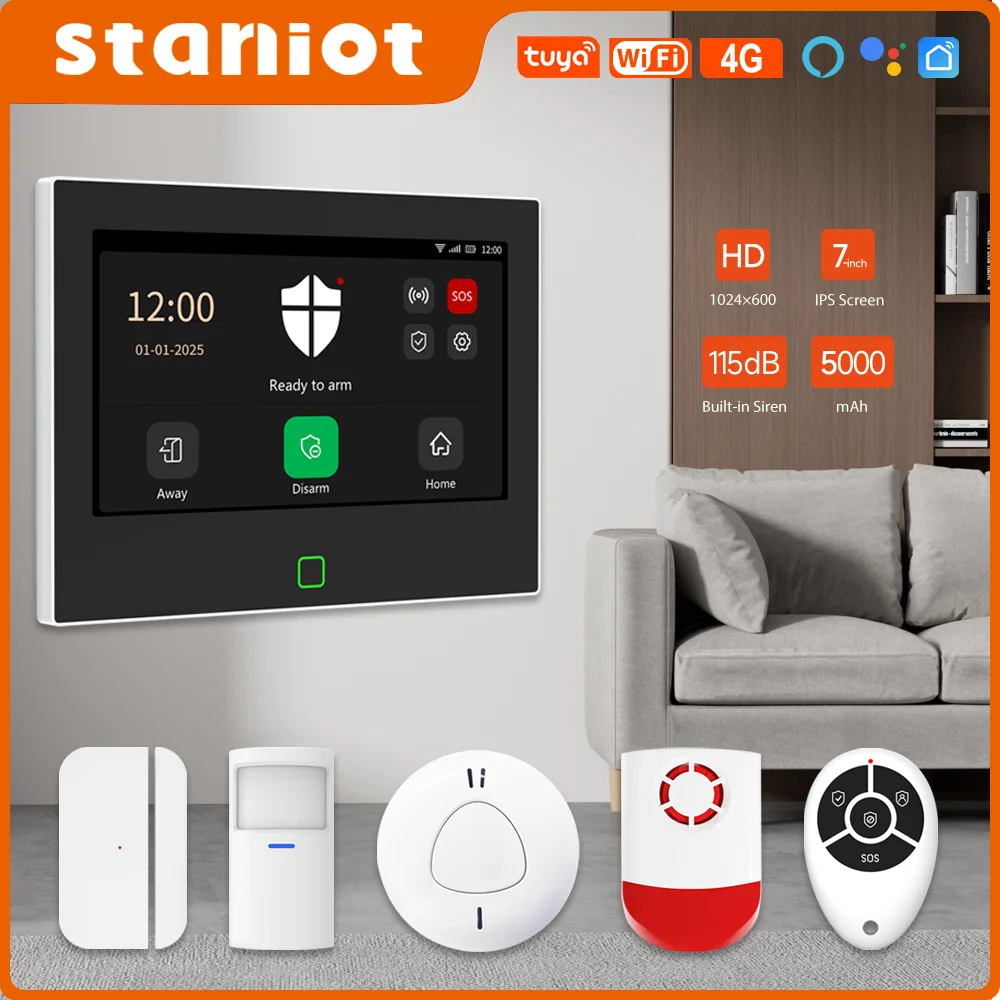 

Staniot 7 inch Tuya Smart 4G Alarm System Support 10 Languages Security Kits 5000mAh Battery Wireless Strobe Siren Home Alarm