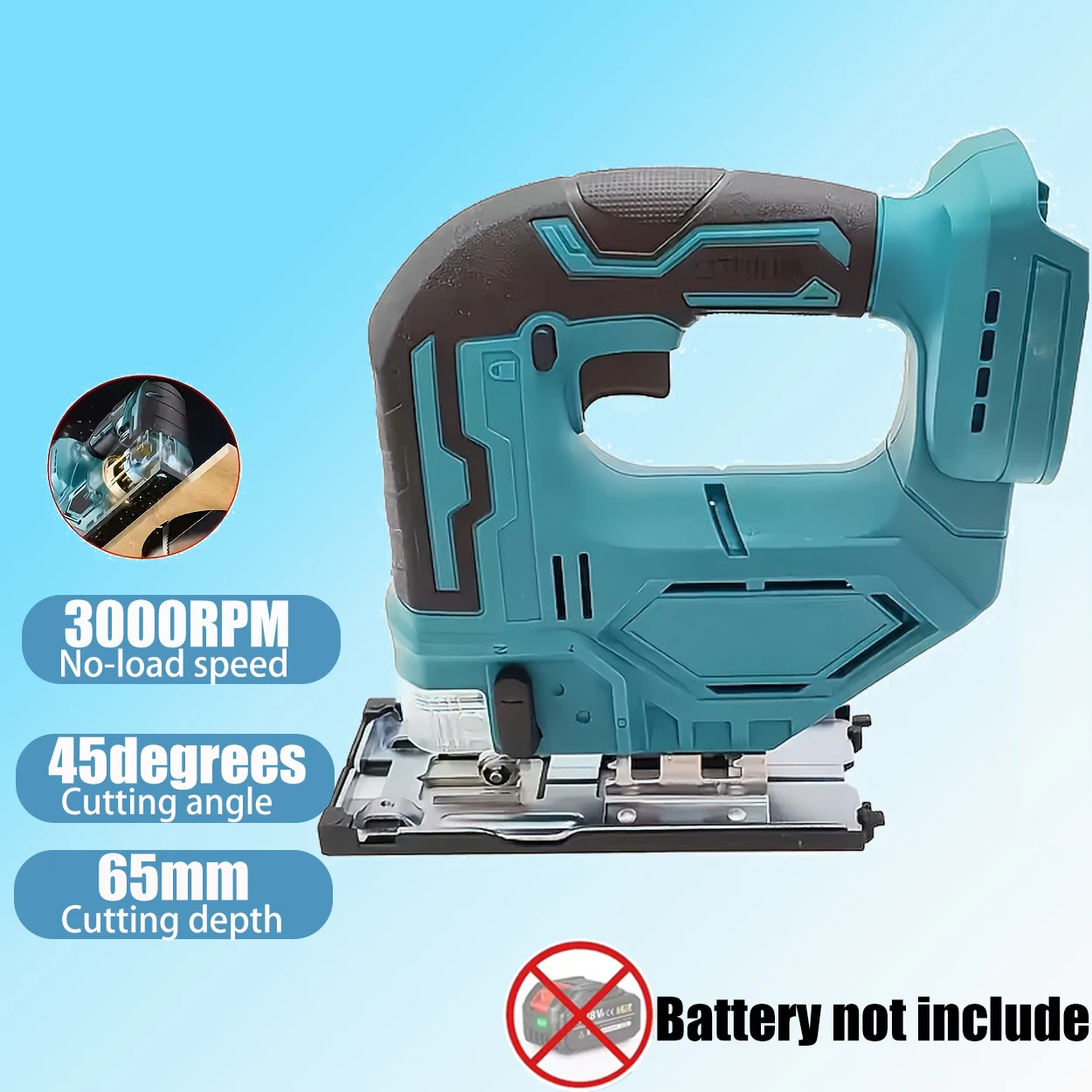 

Cordless Jigsaw Electric Jig Saw, 3000RPM Portable Cutting Machine, 65mm Cutting Depth, 45° Bevel Cutting(Bare Machine)