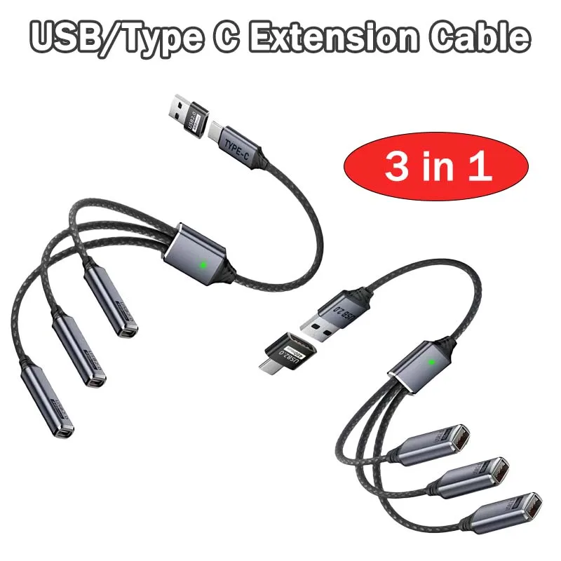 USB/Type C Splitter 1 in to 3 Out Short Cable Adapter, Charging and 480Mbps Data Transfer,Nylon Braided with LED Indicator