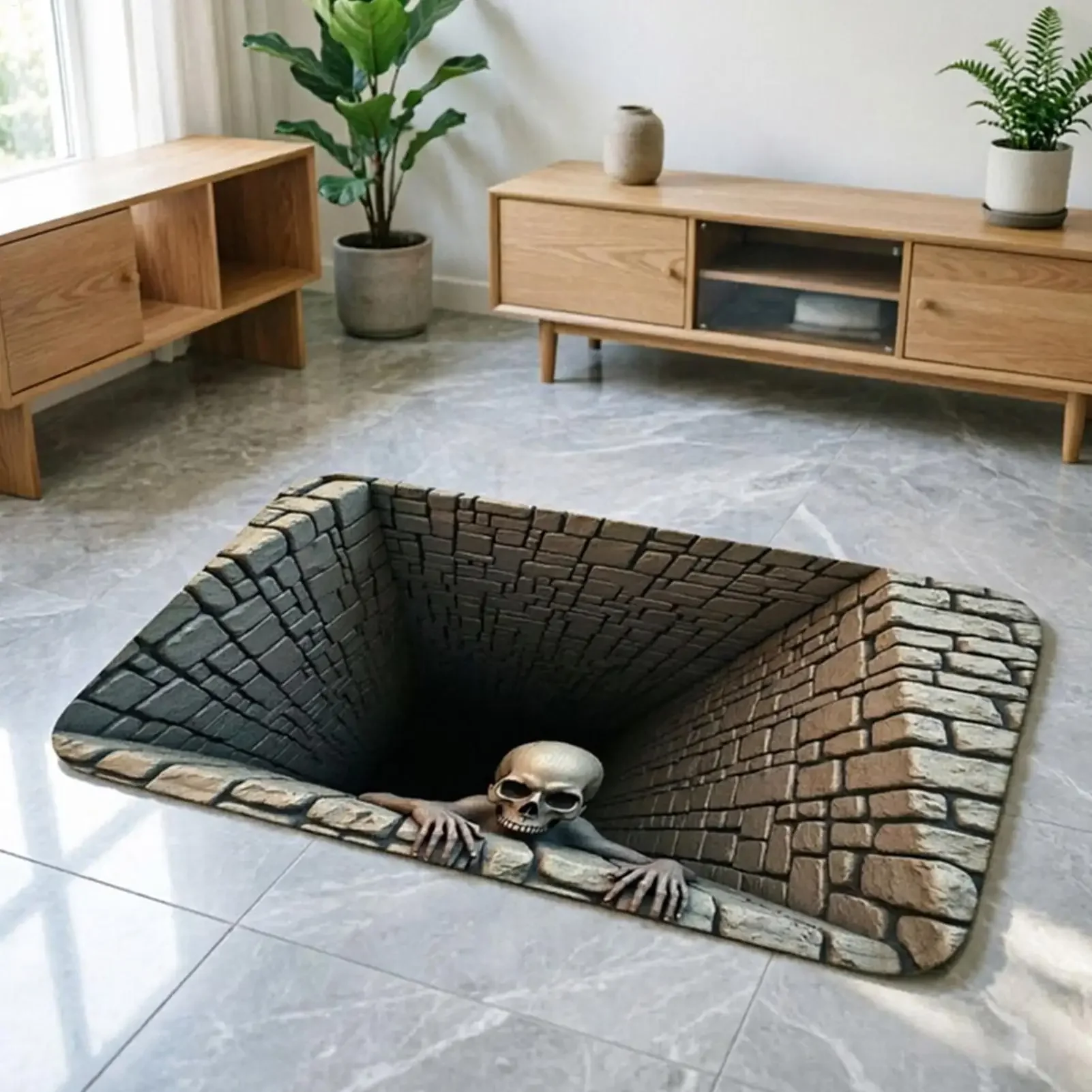 Illusion Carpet 3D Visual Hole Rug Anti-Slip Halloween Doormat Skeleton Optical Decor Mat Spooky Floor Pad for Entryway
