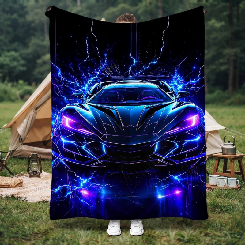 Electric Blue Lightning Storm Sports Car Blanket Cozy Throw for Outdoor Camping Patio Decor