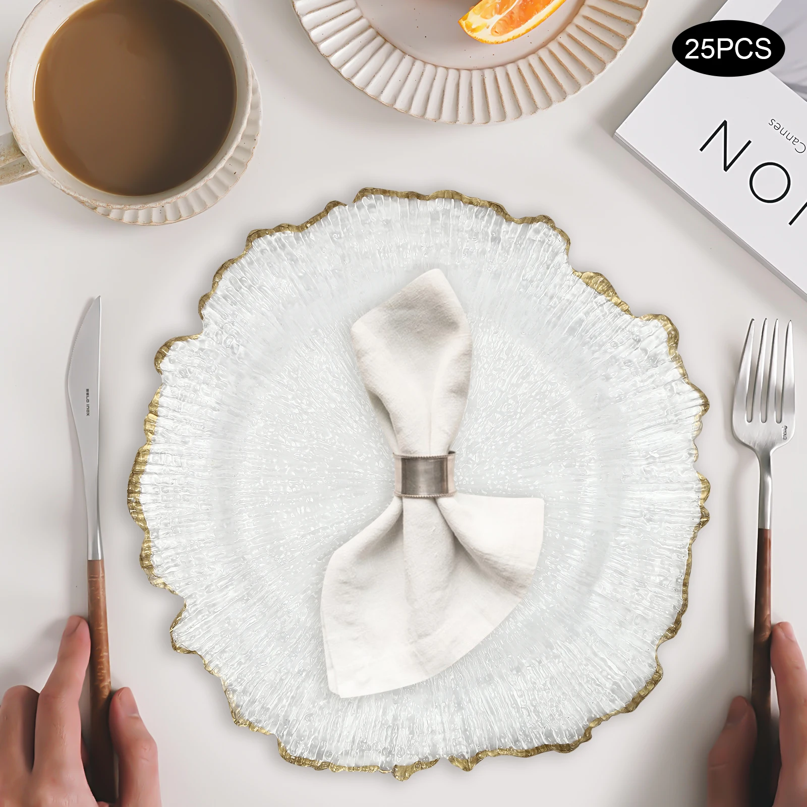 

25 Pack 13 Inch Charger Plates, Clear Plastic Reef Rim Charger Plates with Gold Rim, Round Decorative Underplates for Wedding