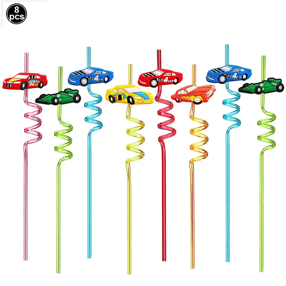 8pcs 25cm Reusable Race Car Drinking Straws Car Reusable Plastic Drinking Straw For Boy Racing Car Birthday Party Decorations