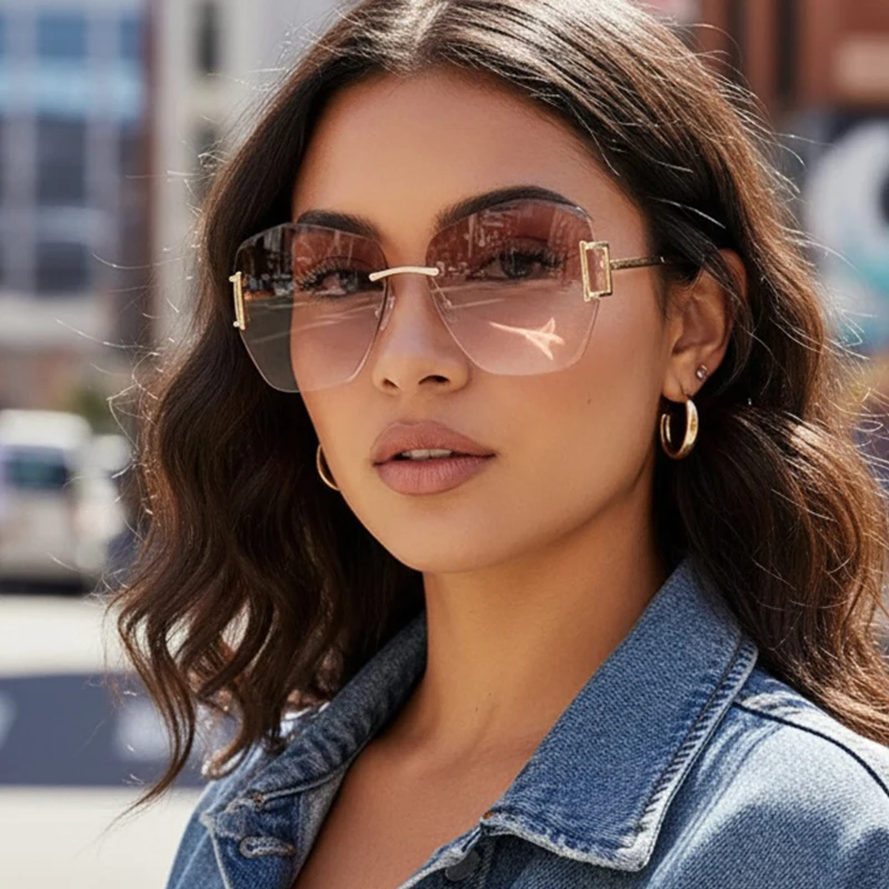 Hochwertige rahmenlose Sonnenbrille in neuer Farbverlauf, polygonale Damenbrille mit großem Rahmen 90252 – Detail 1