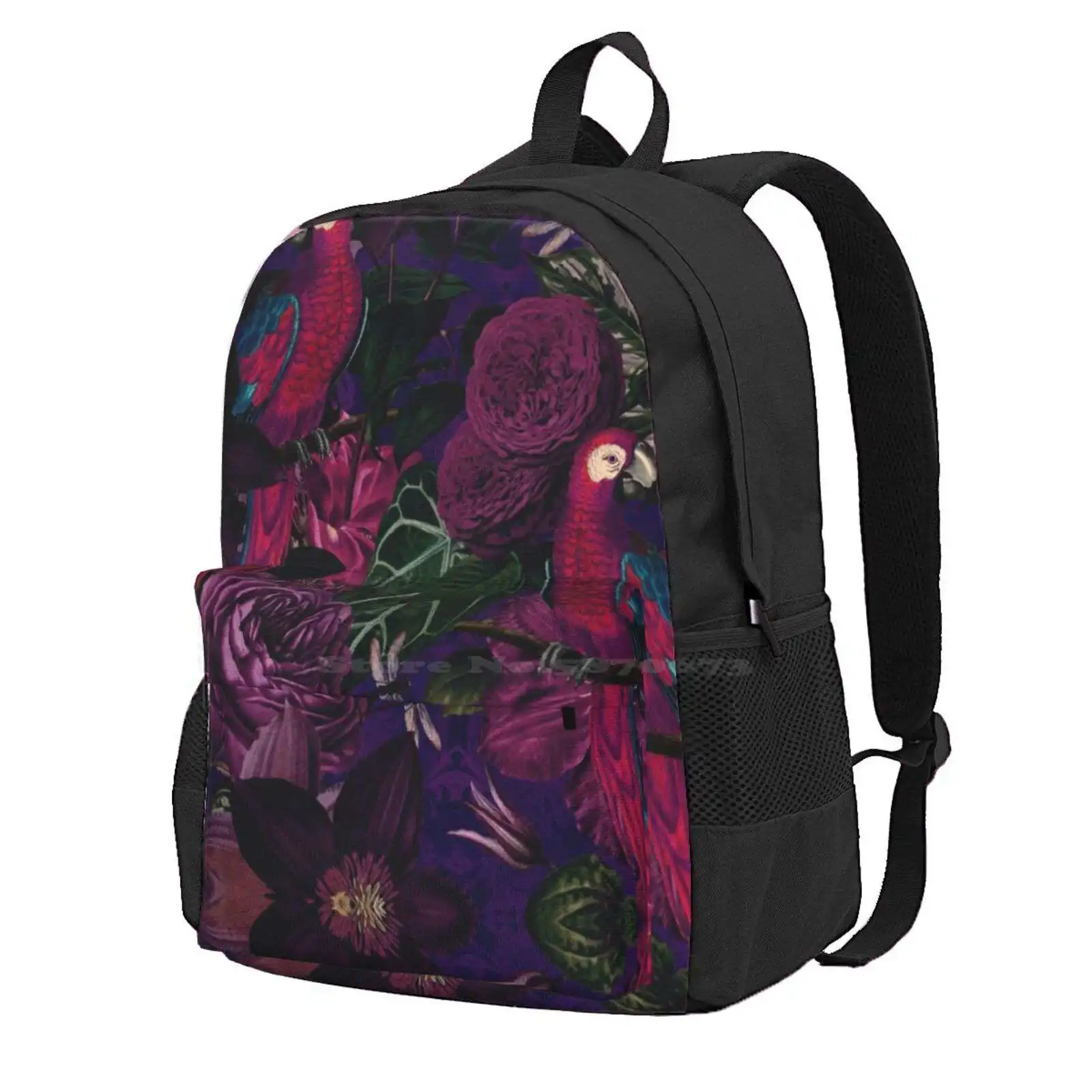 Midnight Jungle Bird Tropical Paradise Vintage Botanical Illustration Hot Sale Schoolbag Backpack Fashion Bags Flower Dark