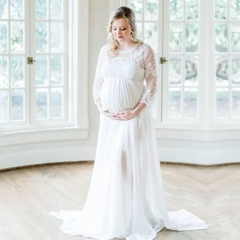 

Cute Maternity Photoshoot Dresses Lace Chiffon Pregnancy Photography Prop For Baby Shower Elegence Long Pregnant Women Maxi Gown