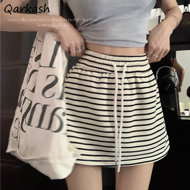 Striped Mini Skirts Women Vintage Casual Drawstring All-match Korean Style Chic Summer Fashion A-line Teens Basic New Streetwear