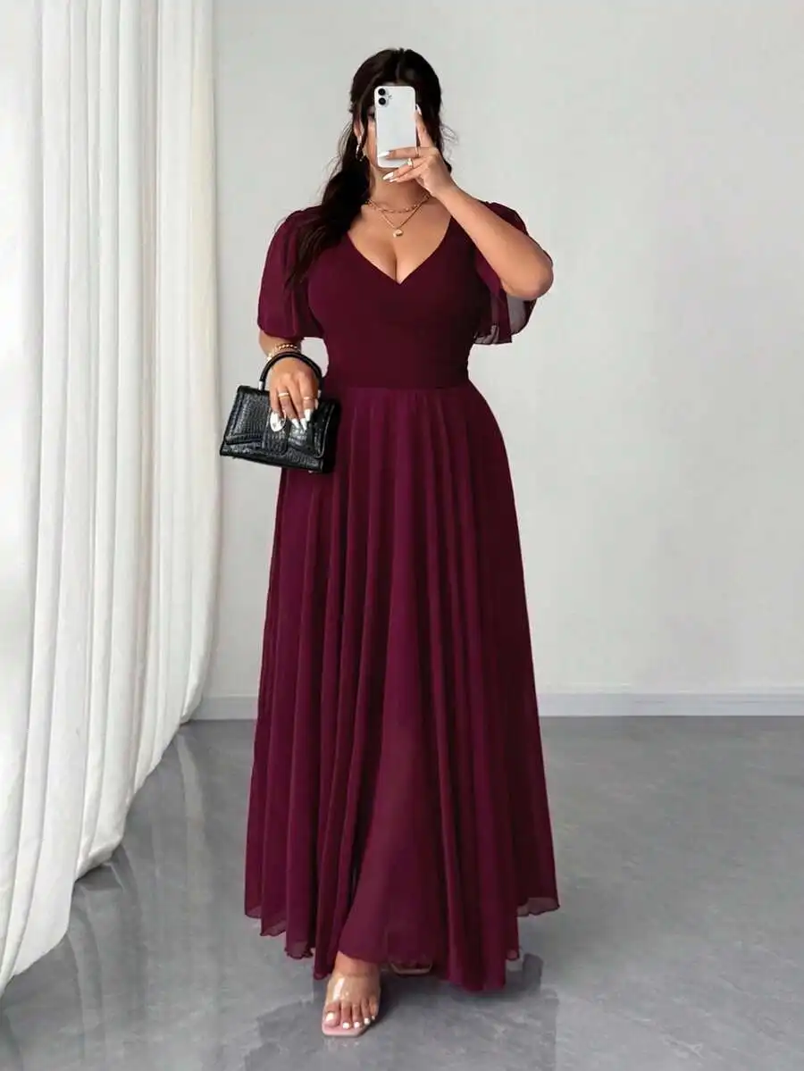 

Plus Size V-Neck Chiffon A-Line Dress with Ruffle Sleeves, Burgundy